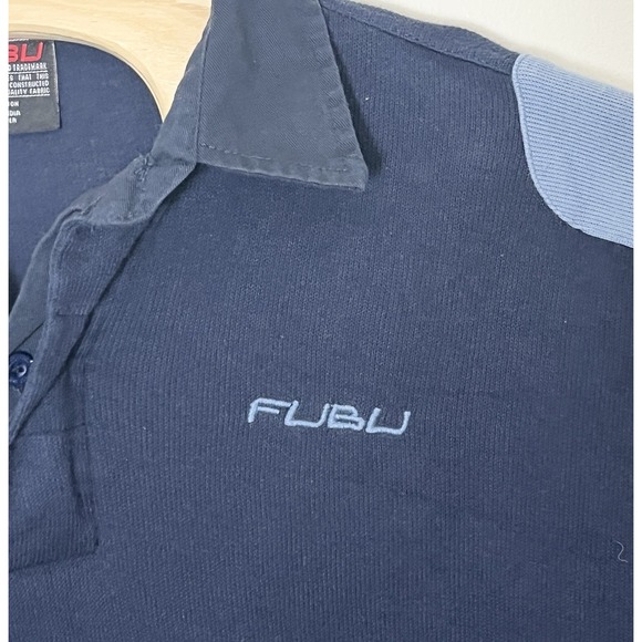 Vintage FUBU Polo Shirt Men's Medium Navy Blue Heavyweight Streetwear Logo Y2K - Picture 2 of 6